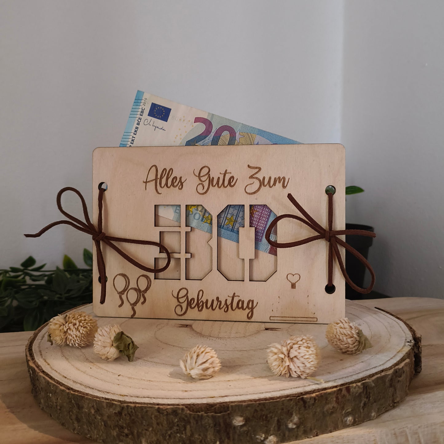 Geldgeschenk Geburtstag aus Holz – Karte mit Wunschzahl (z.B. 30, 40, 50)