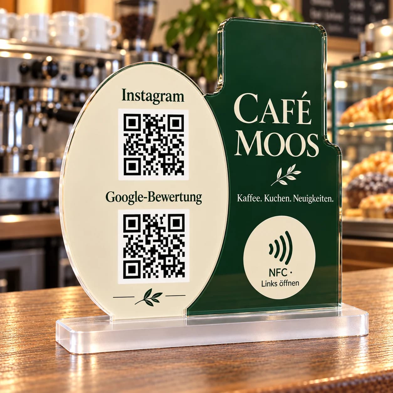 Creme-grüner Acryl-Caféaufsteller mit zwei QR-Codes und NFC-Fläche auf transparentem Sockel