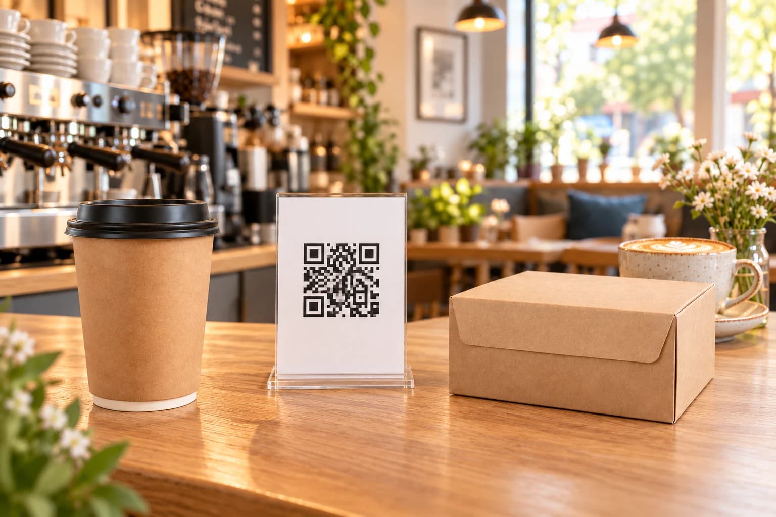 Cafétheke mit QR-Ausdruck, unbeschriftetem To-go-Becher und Kraftpapierbox ohne Aufkleber