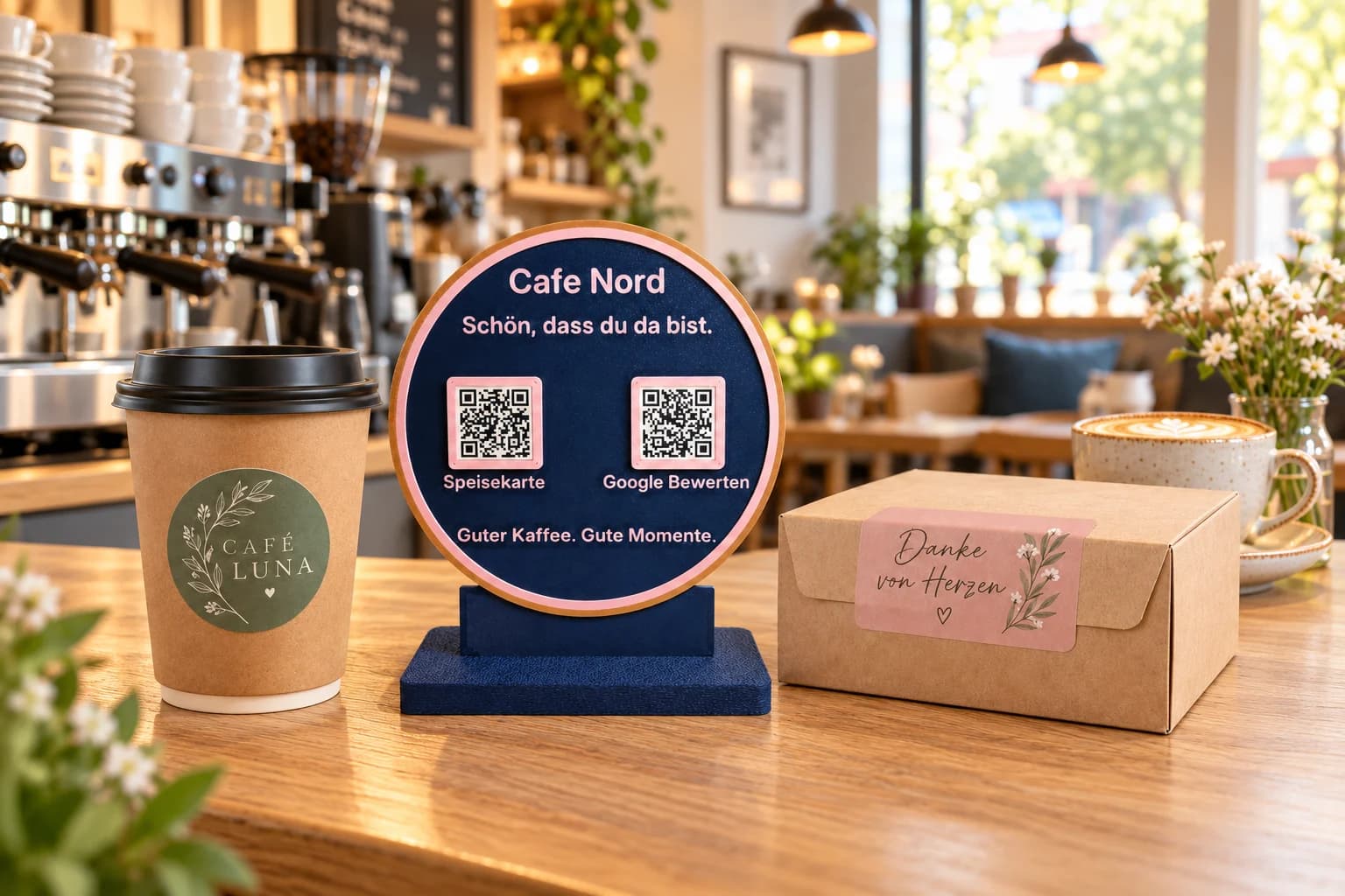 Dieselbe Cafétheke mit rundem dunkelblauem QR-Aufsteller und bedruckten Aufklebern auf To-go-Becher und Kraftpapierbox