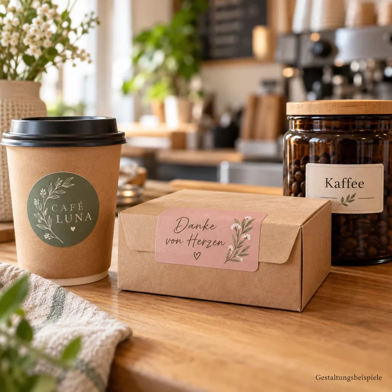 Individuell bedruckte Aufkleber auf To-go-Kaffeebecher, Kraftpapierbox und Kaffeeglas