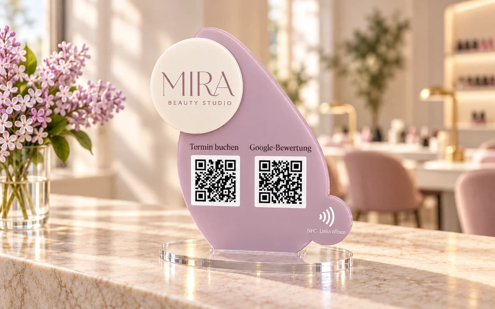 Fliederfarbener Acryl-QR- und NFC-Aufsteller mit cremefarbener runder Platte in einem Beautystudio