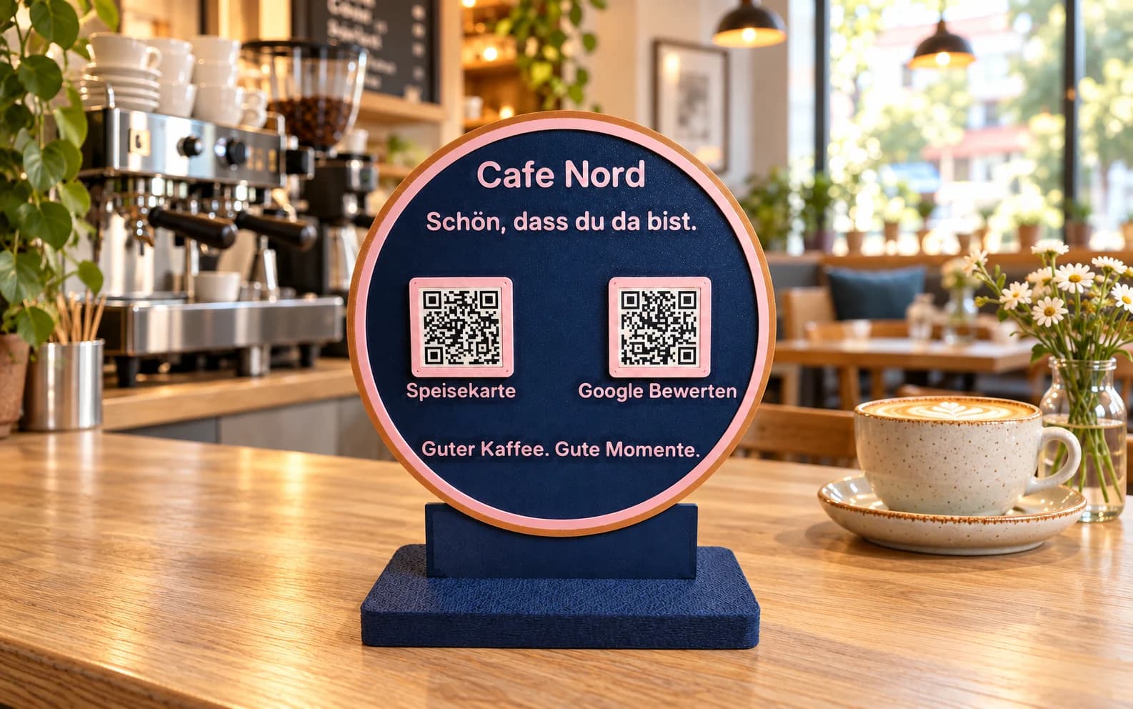 Runder dunkelblauer QR-Aufsteller mit rosa Rand und zwei QR-Codes auf einer Cafétheke