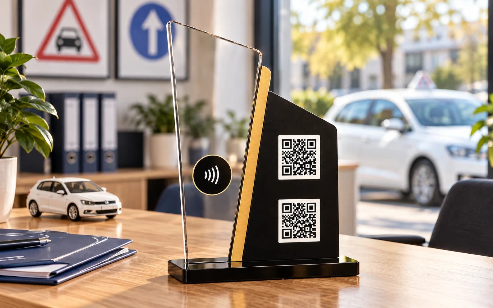 Eckiger Acryl-QR- und NFC-Aufsteller auf dem Empfangstresen einer Fahrschule