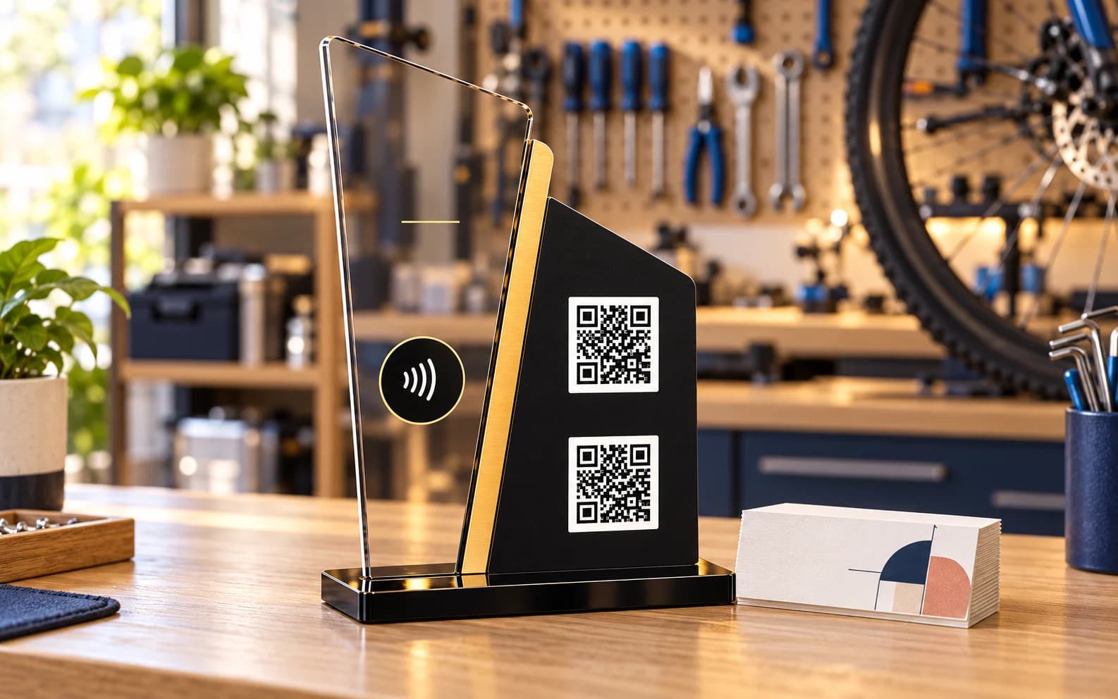 Acryl-QR- und NFC-Aufsteller mit bedruckten Visitenkarten an einer Reparaturtheke