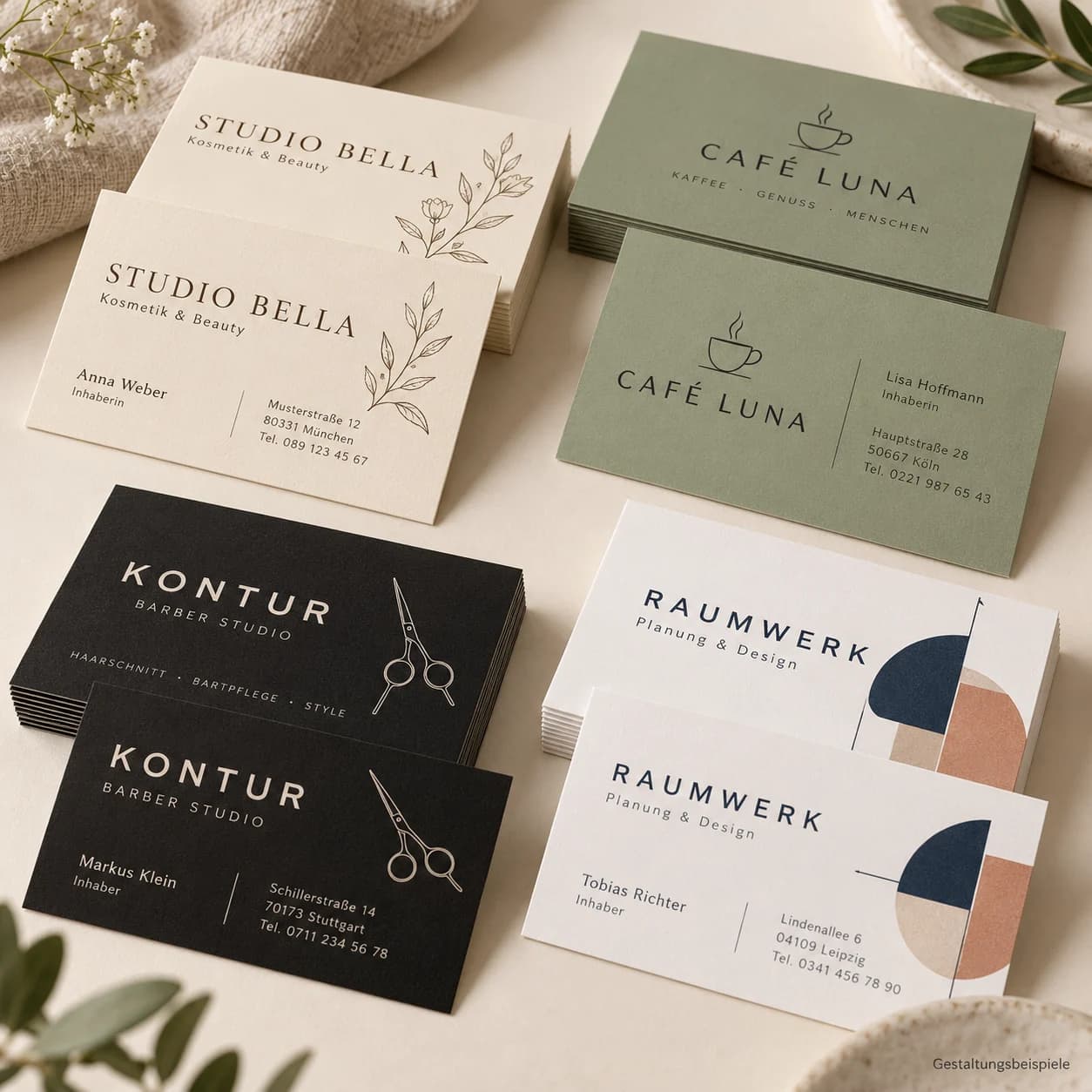 Stapel personalisierter Visitenkarten mit floralen, Café-, Barber- und geometrischen Designs