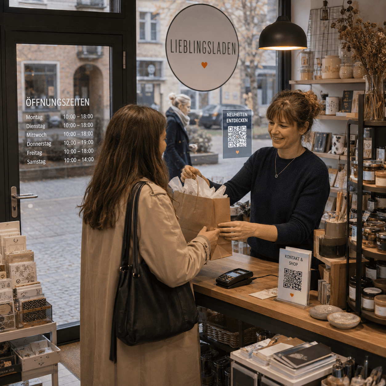 Professioneller QR- und NFC-Aufsteller für lokale Geschäfte