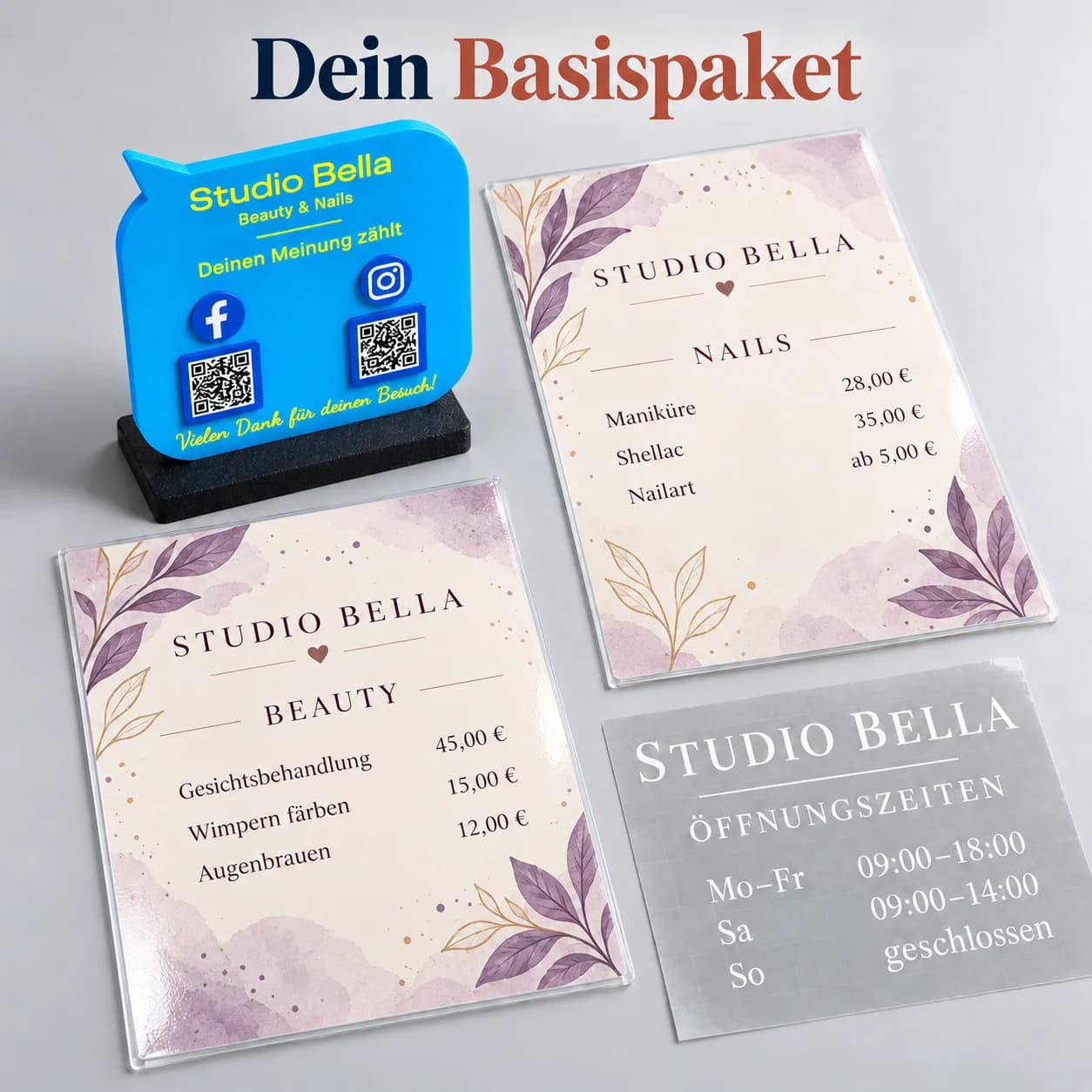Kosmetik- & Nagelstudio-Paket – Öffnungszeiten, QR-/NFC-Aufsteller & Preislisten