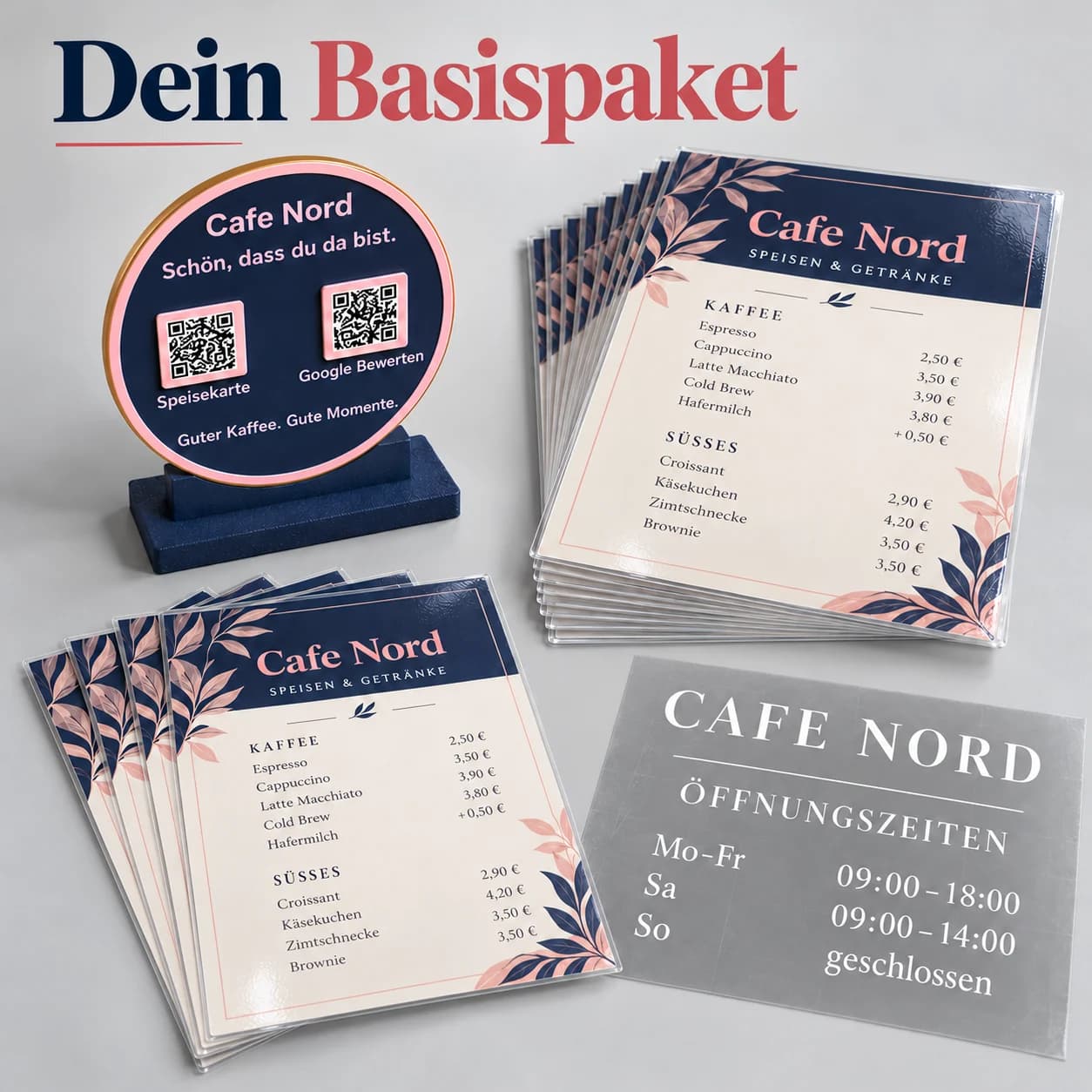 Café- & Restaurant-Paket – Öffnungszeiten, QR-/NFC-Aufsteller & laminierte Speisekarten