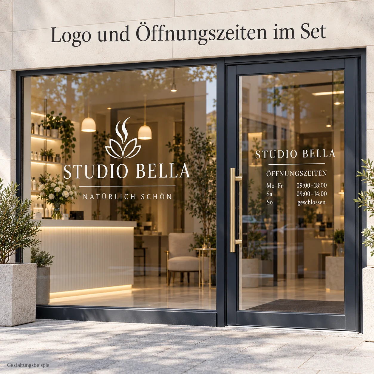Schaufenster-Beschriftungspaket – Eingang mit Logo und Öffnungszeiten