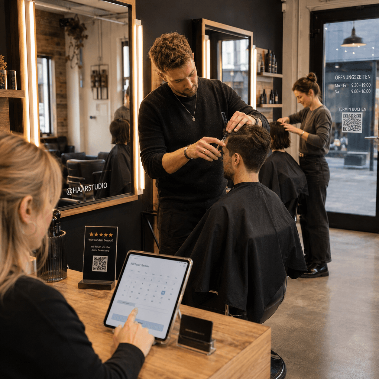 QR and NFC display for barbers and salons
