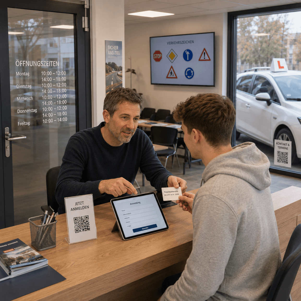 QR- und NFC-Aufsteller für Fahrschulen