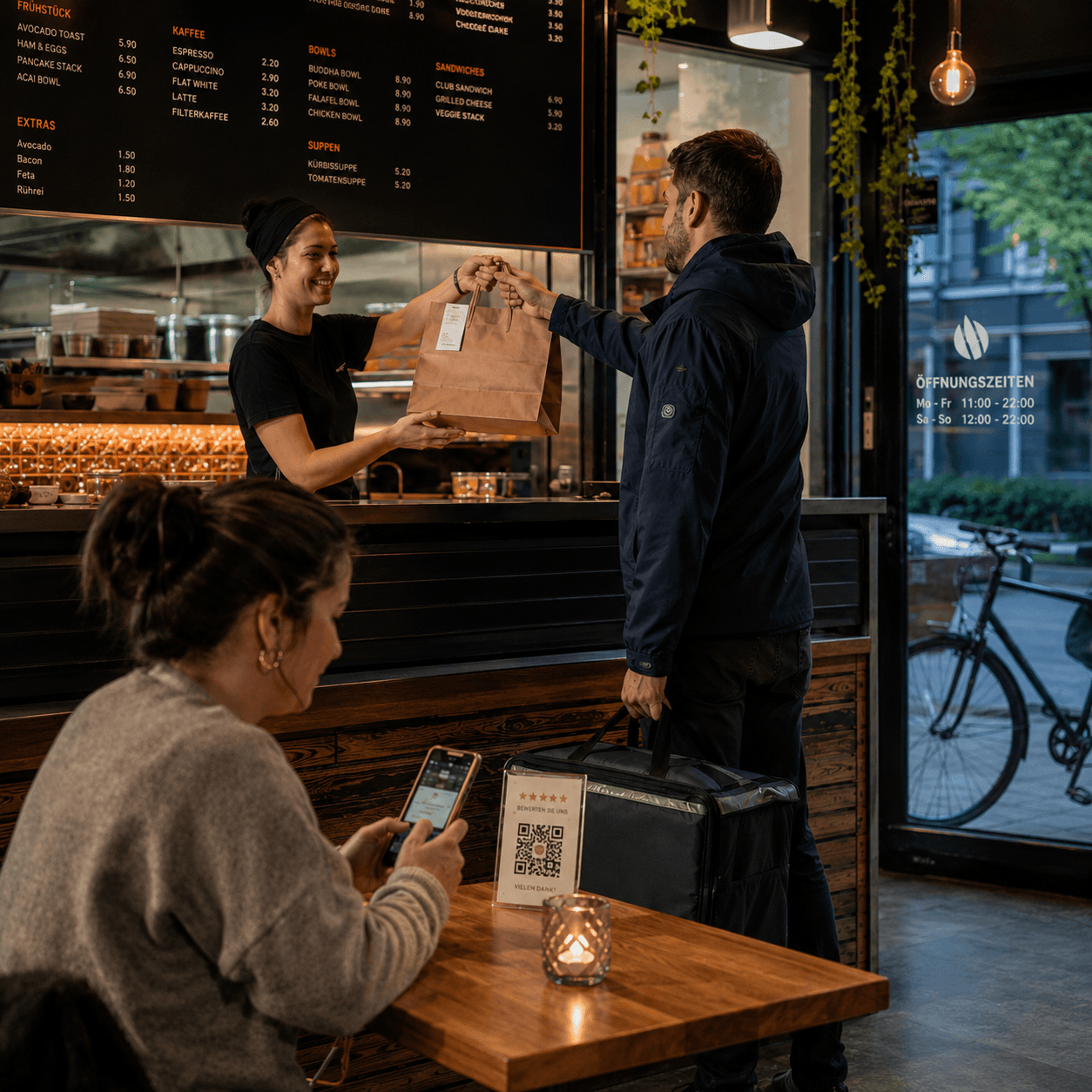 Professional QR and NFC display for restaurants and takeaways