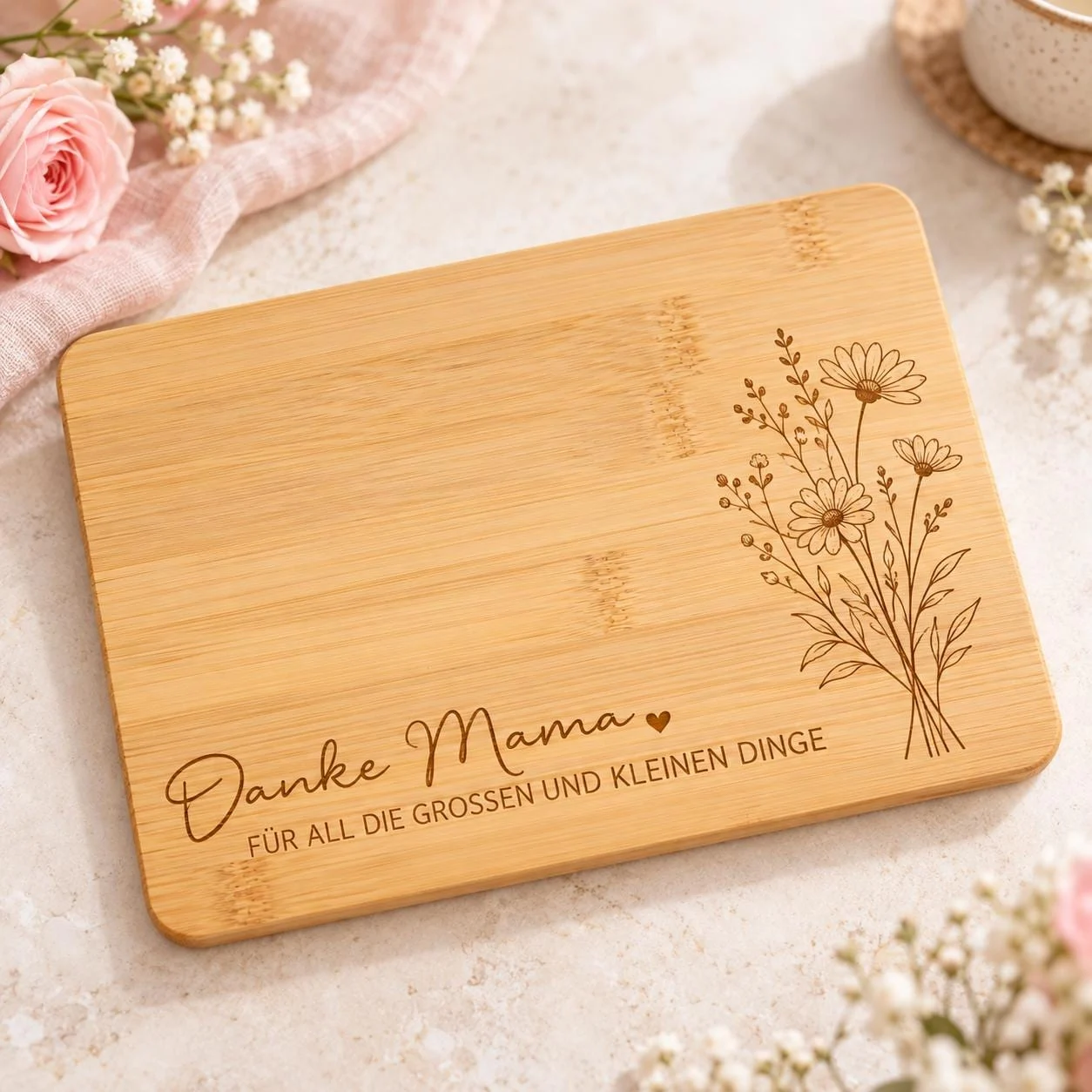 Bambusbrett mit Danke-Mama-Blumengravur
