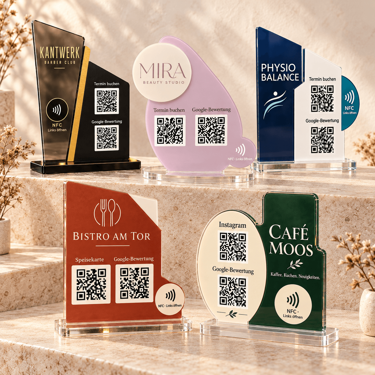 Fünf Acryl-Aufsteller mit zwei QR-Codes und NFC-Symbol in unterschiedlichen Formen und Farben