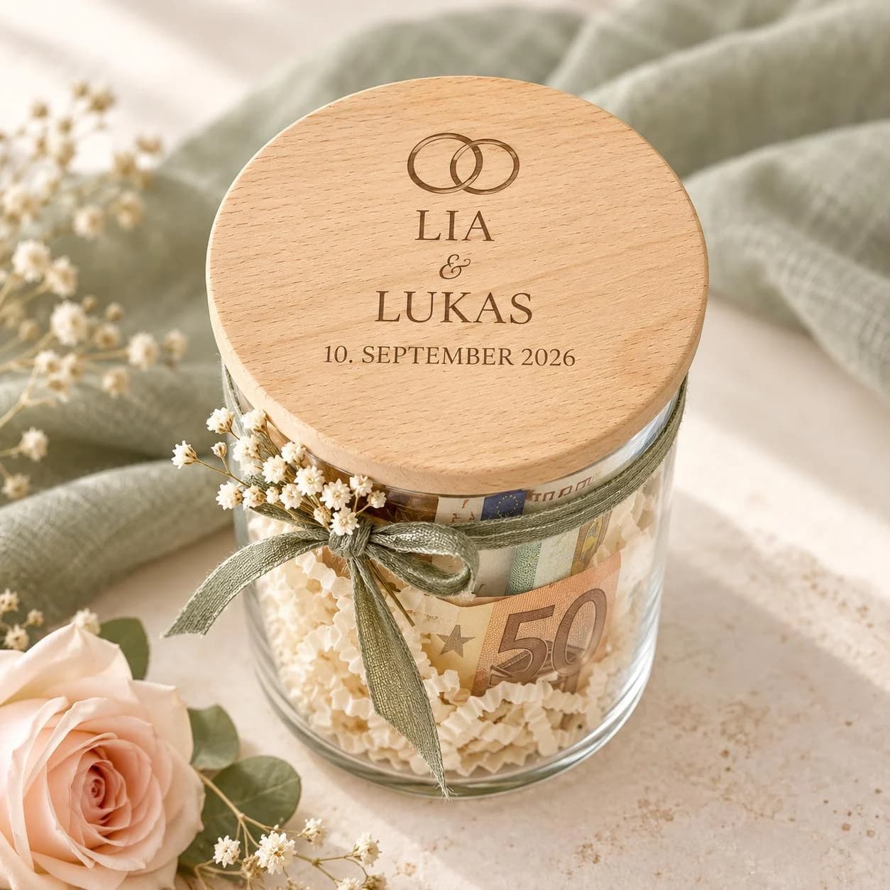 Hochzeitsglas mit Beispielnamen Lia und Lukas und Ringgravur