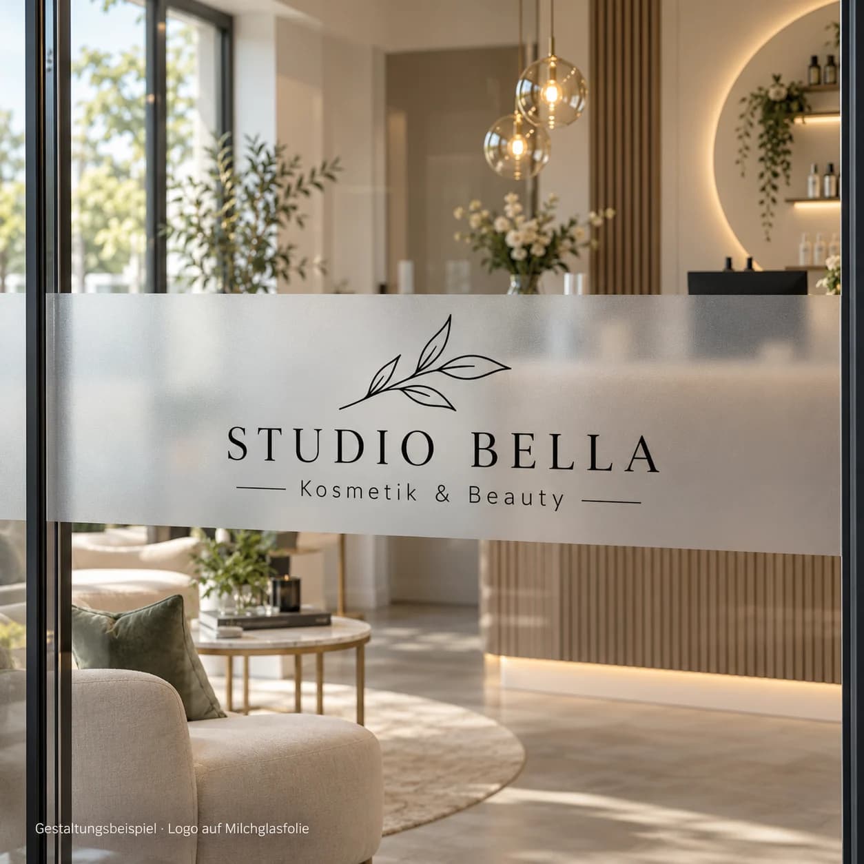 Milchglasfolien-Streifen mit dem dunklen Logo „Studio Bella – Kosmetik & Beauty“ auf einer Glastür eines Kosmetikstudios
