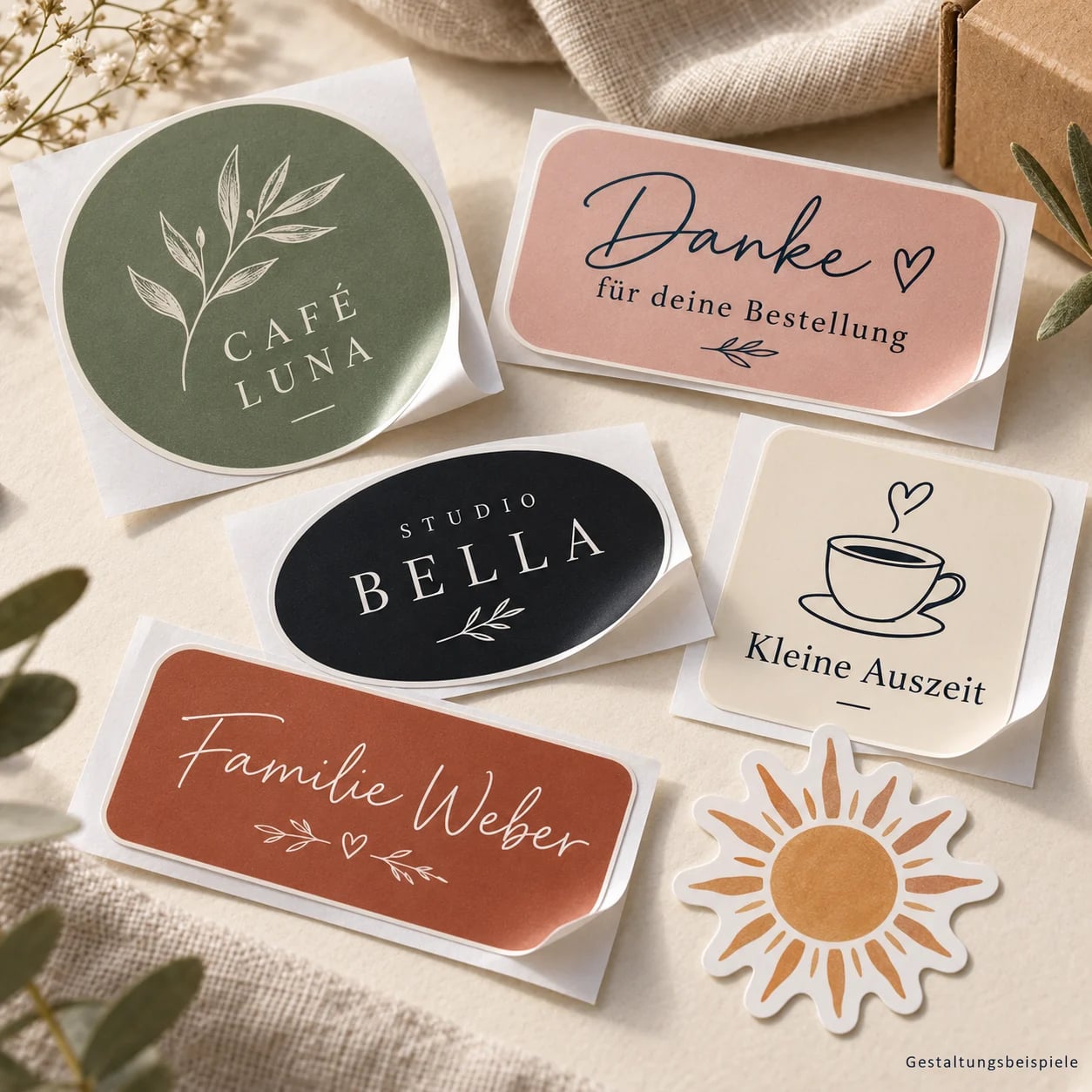 Individuell bedruckte Aufkleber: rund mit Logo, rechteckig mit Dankestext, oval, quadratisch mit Tasse und als Sonne in freier Kontur