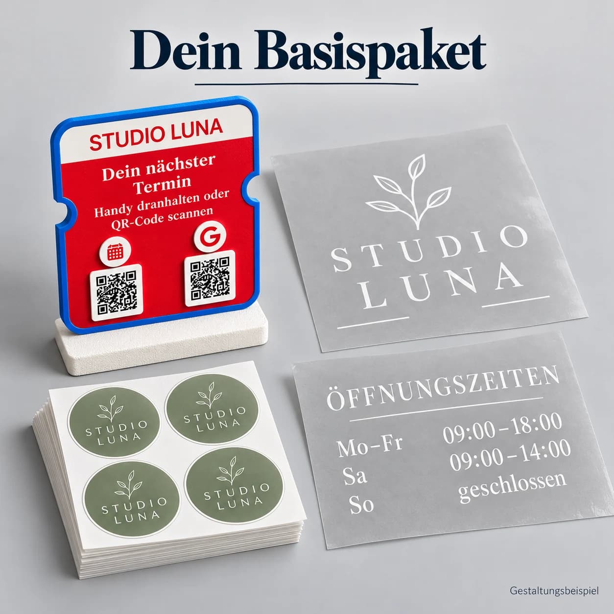 Laden- & Boutique-Paket – Fensterbeschriftung, QR-/NFC-Aufsteller & Logo-Aufkleber