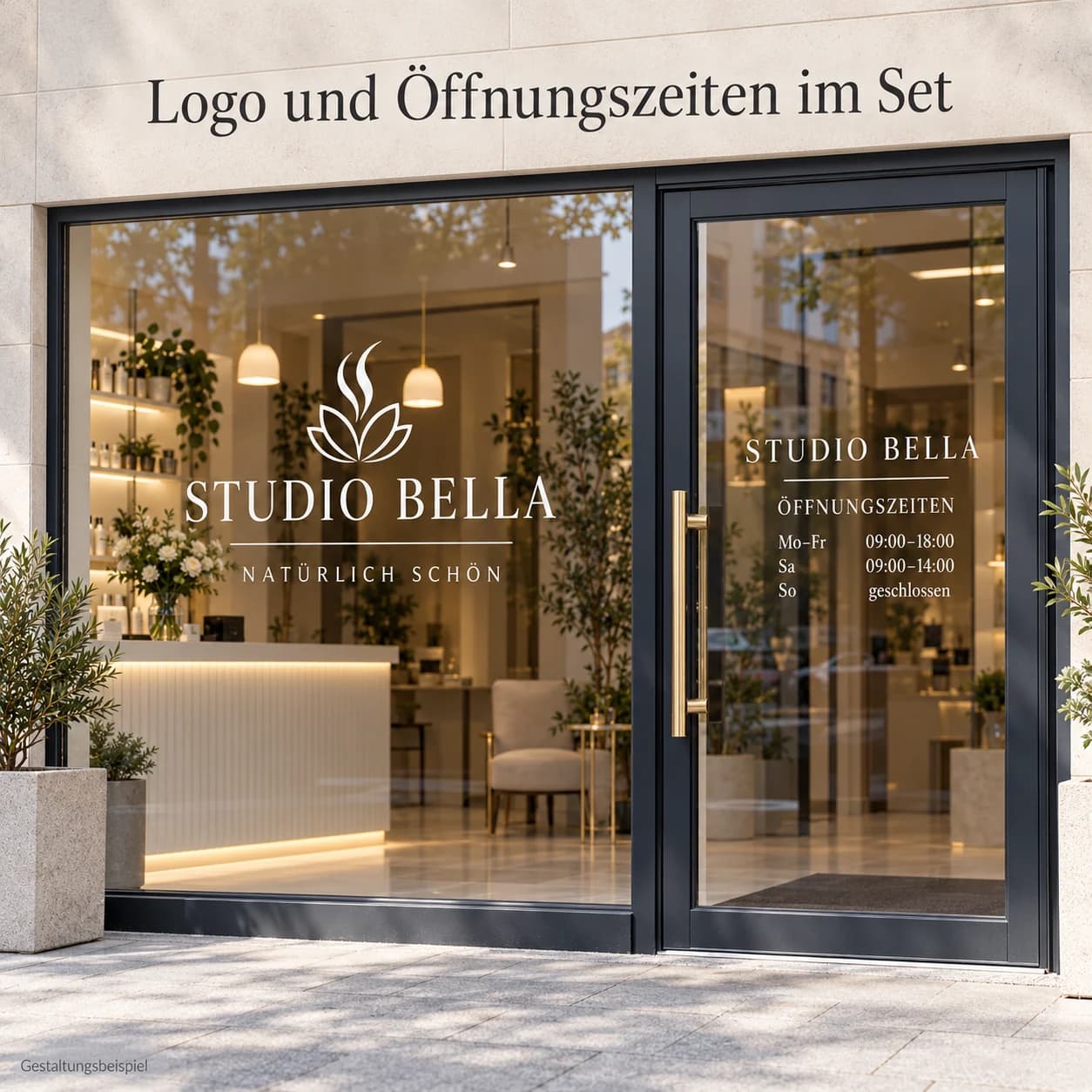 Schaufenster-Beschriftungspaket – Individuelles Firmenlogo & Öffnungszeiten