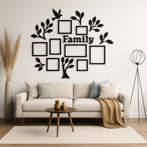 Familienstammbaum „Family“ – Laser-geschnittenes Wandbild aus schwarzem Holz