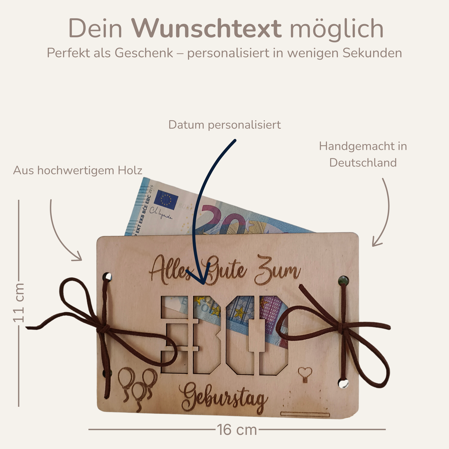 Geldgeschenk Geburtstag aus Holz – Karte mit Wunschzahl (z.B. 30, 40, 50)