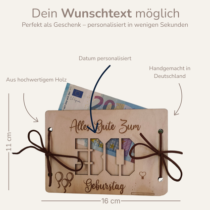 Geldgeschenk Geburtstag aus Holz – Karte mit Wunschzahl (z.B. 30, 40, 50)