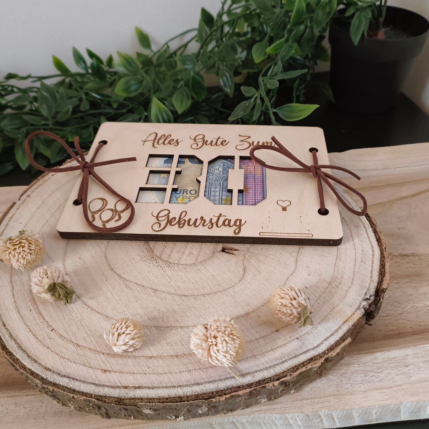 Geldgeschenk Geburtstag aus Holz – Karte mit Wunschzahl (z.B. 30, 40, 50)