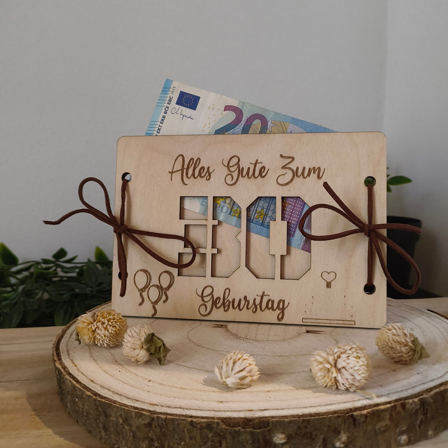 Geldgeschenk Geburtstag aus Holz – Karte mit Wunschzahl (z.B. 30, 40, 50)