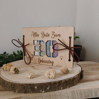 Geldgeschenk Geburtstag aus Holz – Karte mit Wunschzahl (z.B. 30, 40, 50)