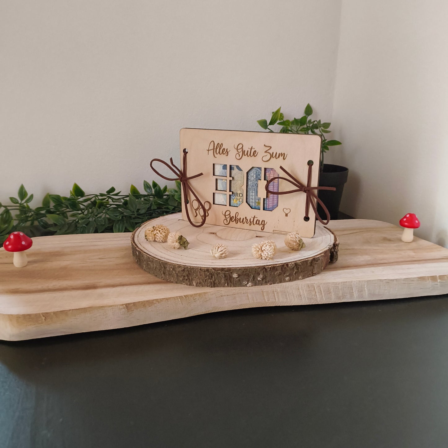 Geldgeschenk Geburtstag aus Holz – Karte mit Wunschzahl (z.B. 30, 40, 50)