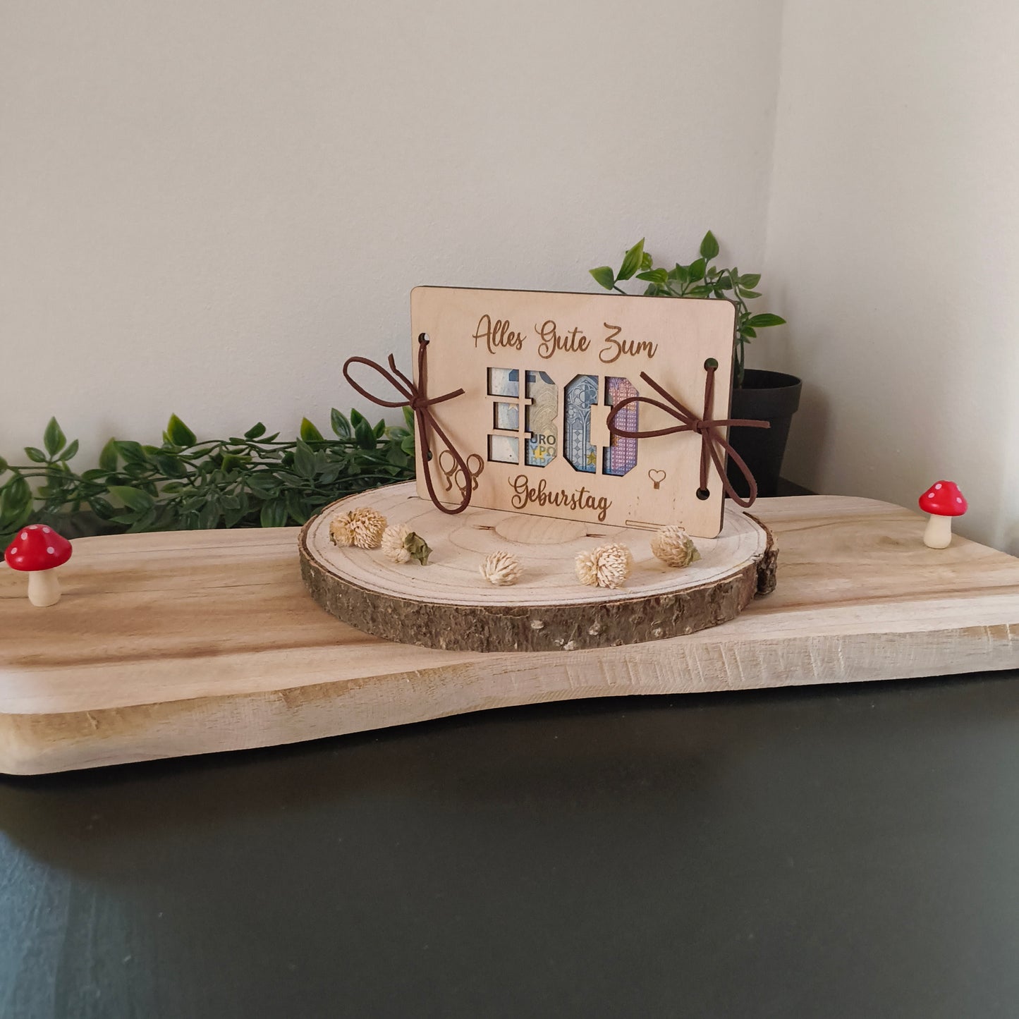 Geldgeschenk Geburtstag aus Holz – Karte mit Wunschzahl (z.B. 30, 40, 50)