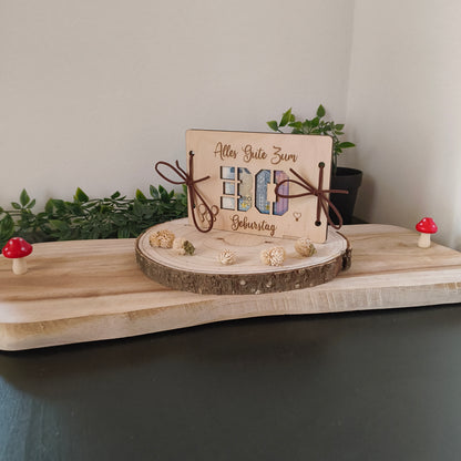 Geldgeschenk Geburtstag aus Holz – Karte mit Wunschzahl (z.B. 30, 40, 50)