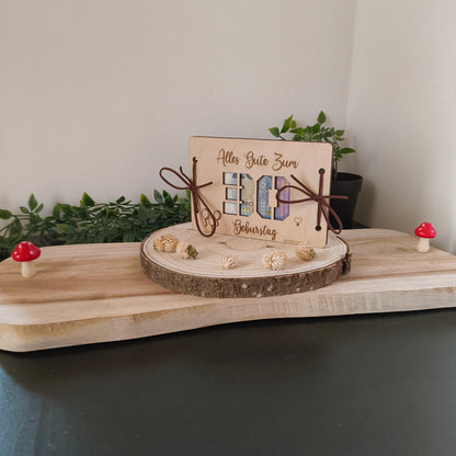 Geldgeschenk Geburtstag aus Holz – Karte mit Wunschzahl (z.B. 30, 40, 50)