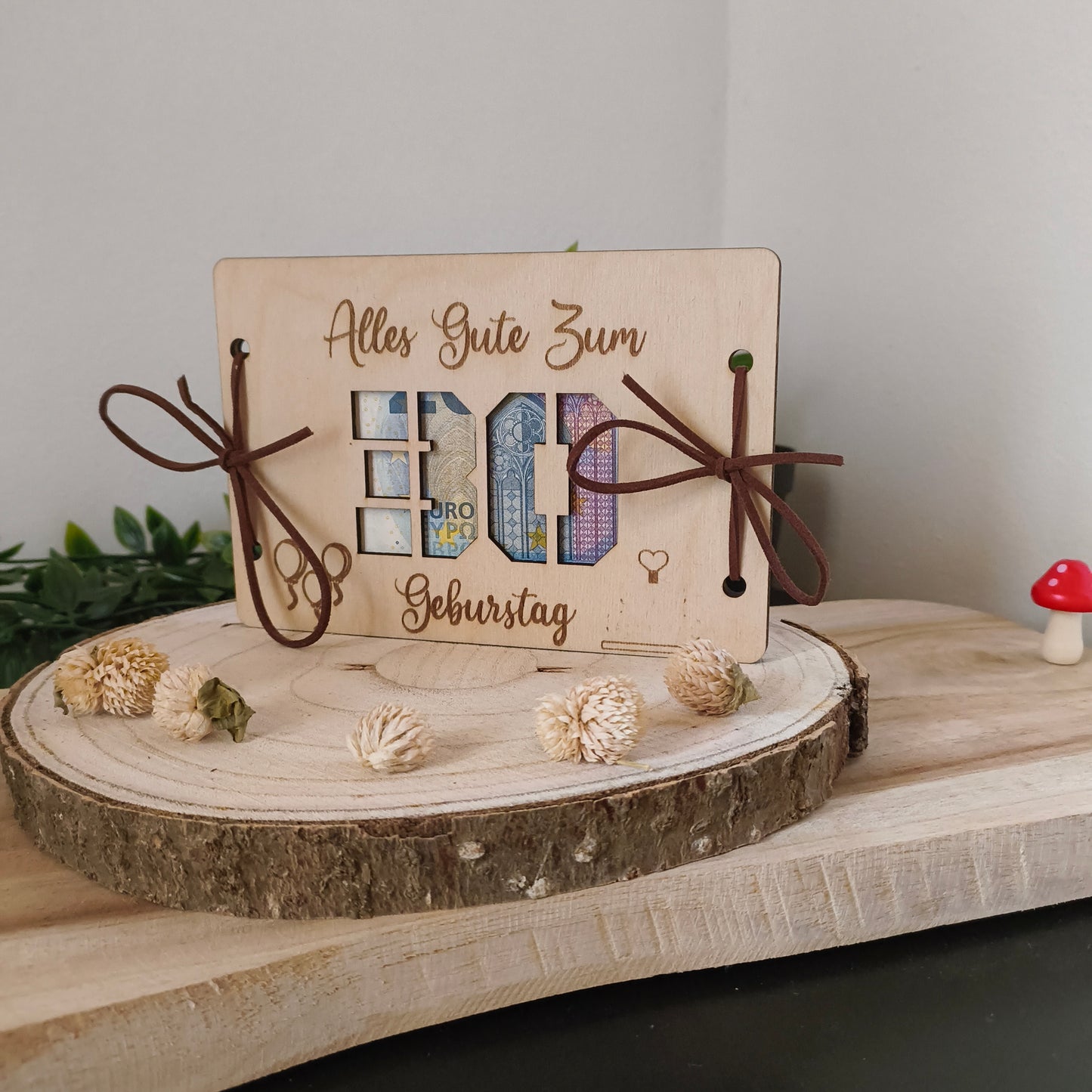 Geldgeschenk Geburtstag aus Holz – Karte mit Wunschzahl (z.B. 30, 40, 50)