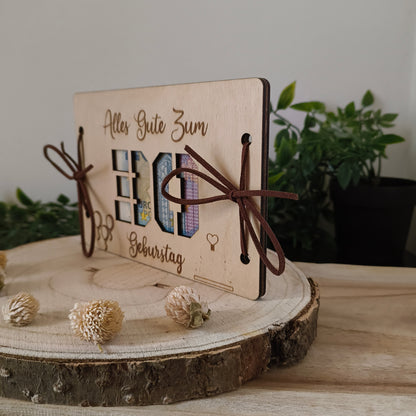 Geldgeschenk Geburtstag aus Holz – Karte mit Wunschzahl (z.B. 30, 40, 50)