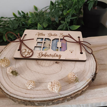 Geldgeschenk Geburtstag aus Holz – Karte mit Wunschzahl (z.B. 30, 40, 50)