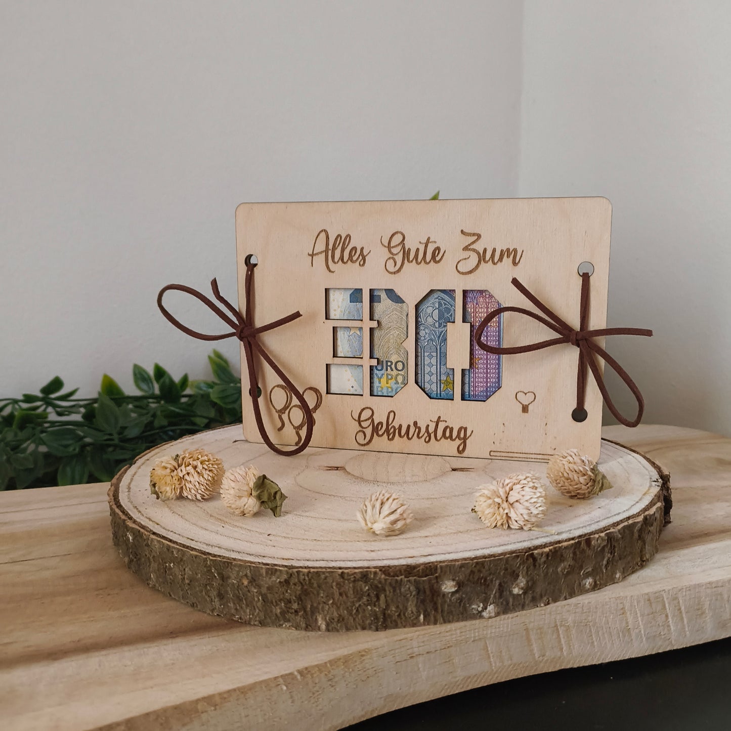Geldgeschenk Geburtstag aus Holz – Karte mit Wunschzahl (z.B. 30, 40, 50)