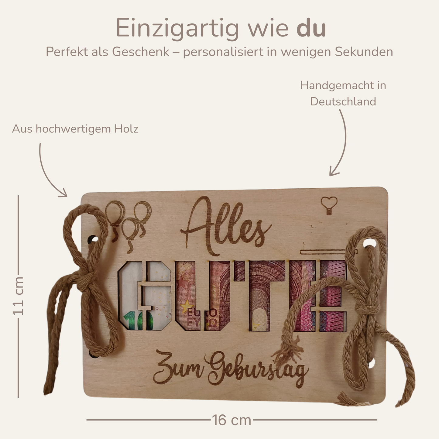 Geldgeschenk zum Geburtstag aus Holz – „GUTE“ Karte