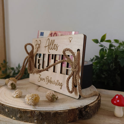 Geldgeschenk zum Geburtstag aus Holz – „GUTE“ Karte