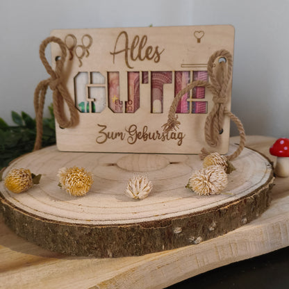 Geldgeschenk zum Geburtstag aus Holz – „GUTE“ Karte