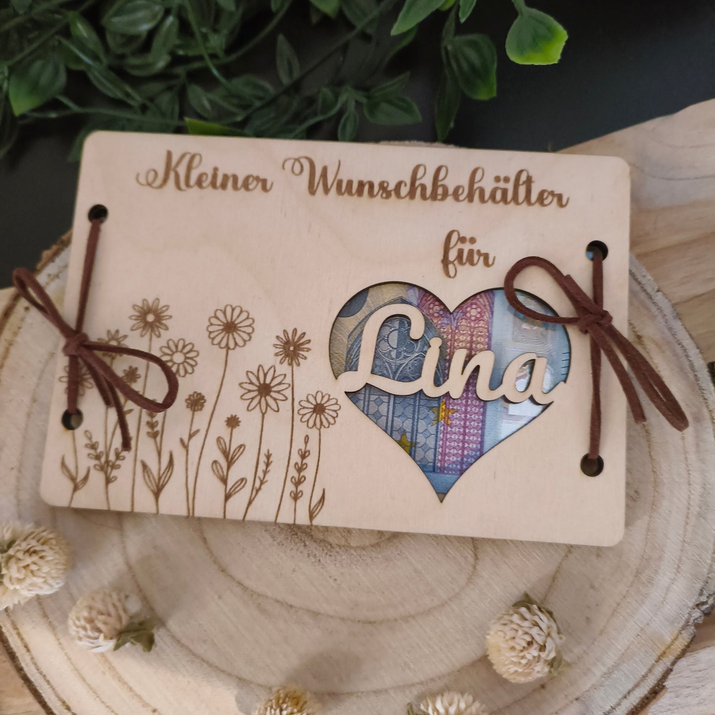 Personalisierbares Geldgeschenk aus Holz – Kleiner Wunschbehälter mit Name