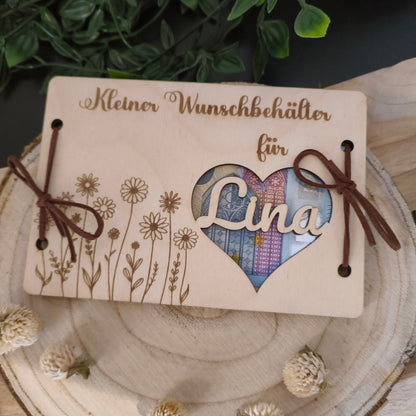 Personalisierbares Geldgeschenk aus Holz – Kleiner Wunschbehälter mit Name