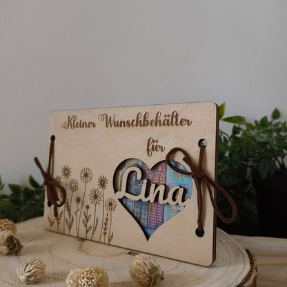 Personalisierbares Geldgeschenk aus Holz – Kleiner Wunschbehälter mit Name