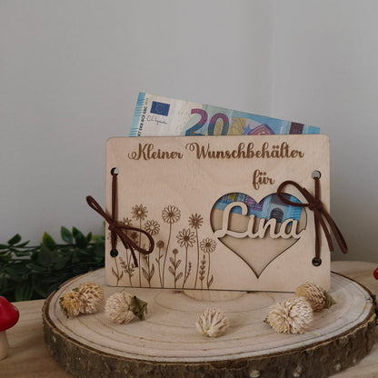 Personalisierbares Geldgeschenk aus Holz – Kleiner Wunschbehälter mit Name