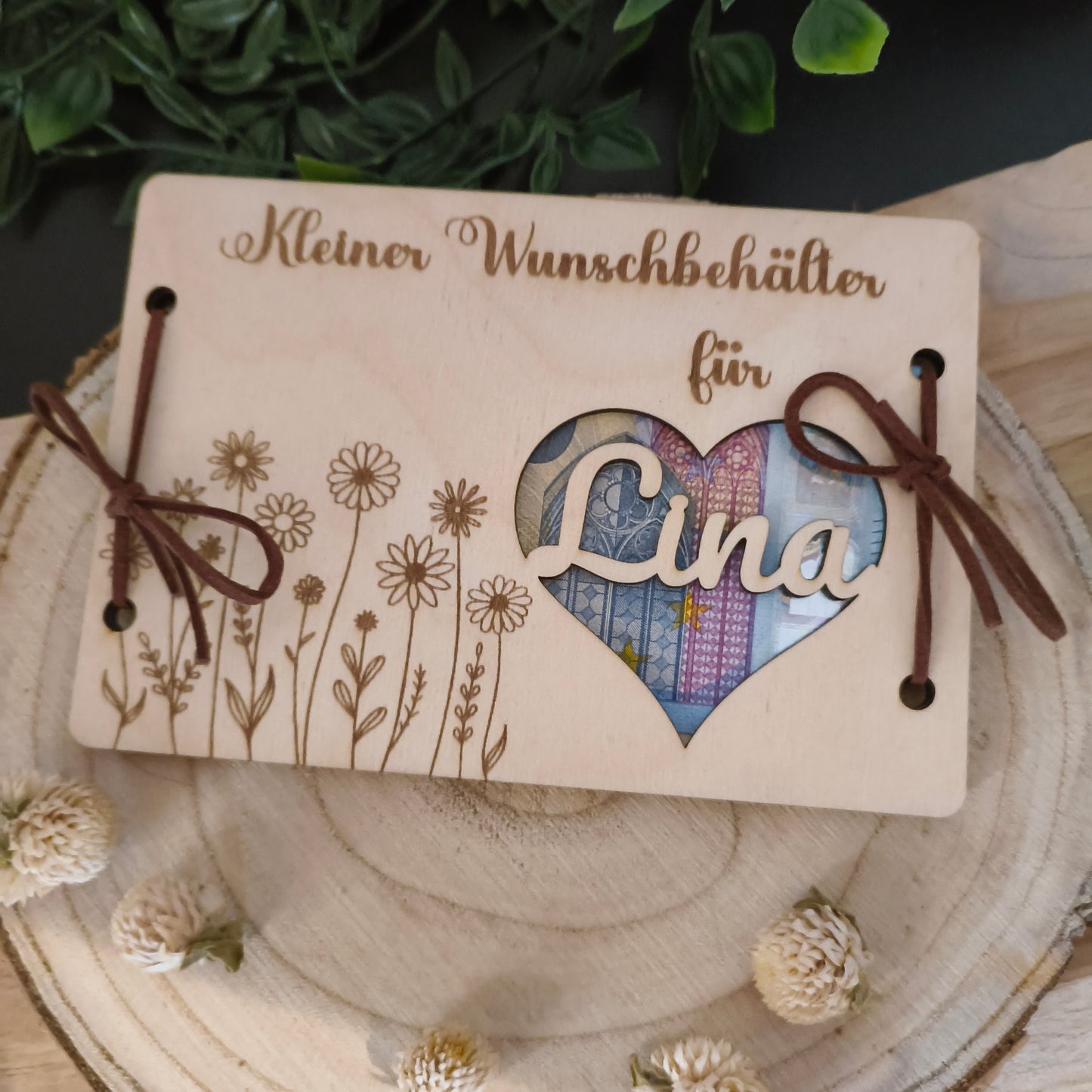 Personalisierbares Geldgeschenk aus Holz – Kleiner Wunschbehälter mit Name