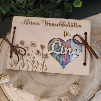 Personalisierbares Geldgeschenk aus Holz – Kleiner Wunschbehälter mit Name