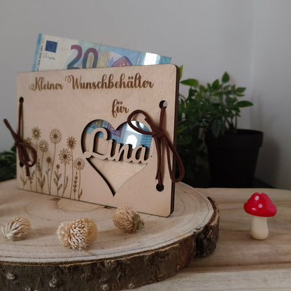 Personalisierbares Geldgeschenk aus Holz – Kleiner Wunschbehälter mit Name