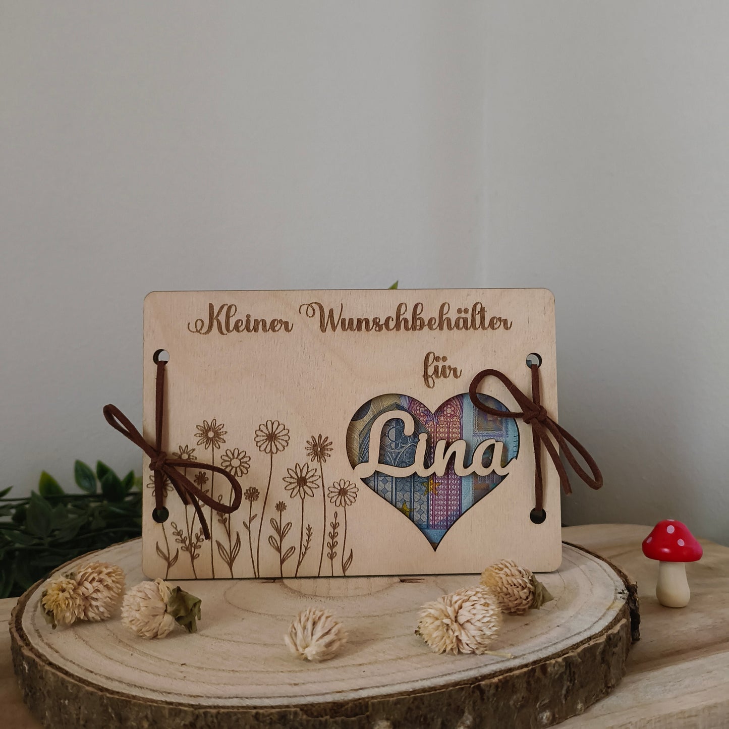 Personalisierbares Geldgeschenk aus Holz – Kleiner Wunschbehälter mit Name