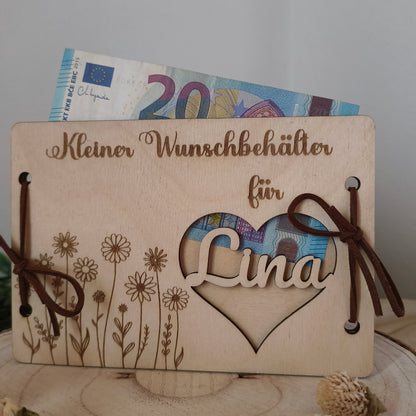 Personalisierbares Geldgeschenk aus Holz – Kleiner Wunschbehälter mit Name